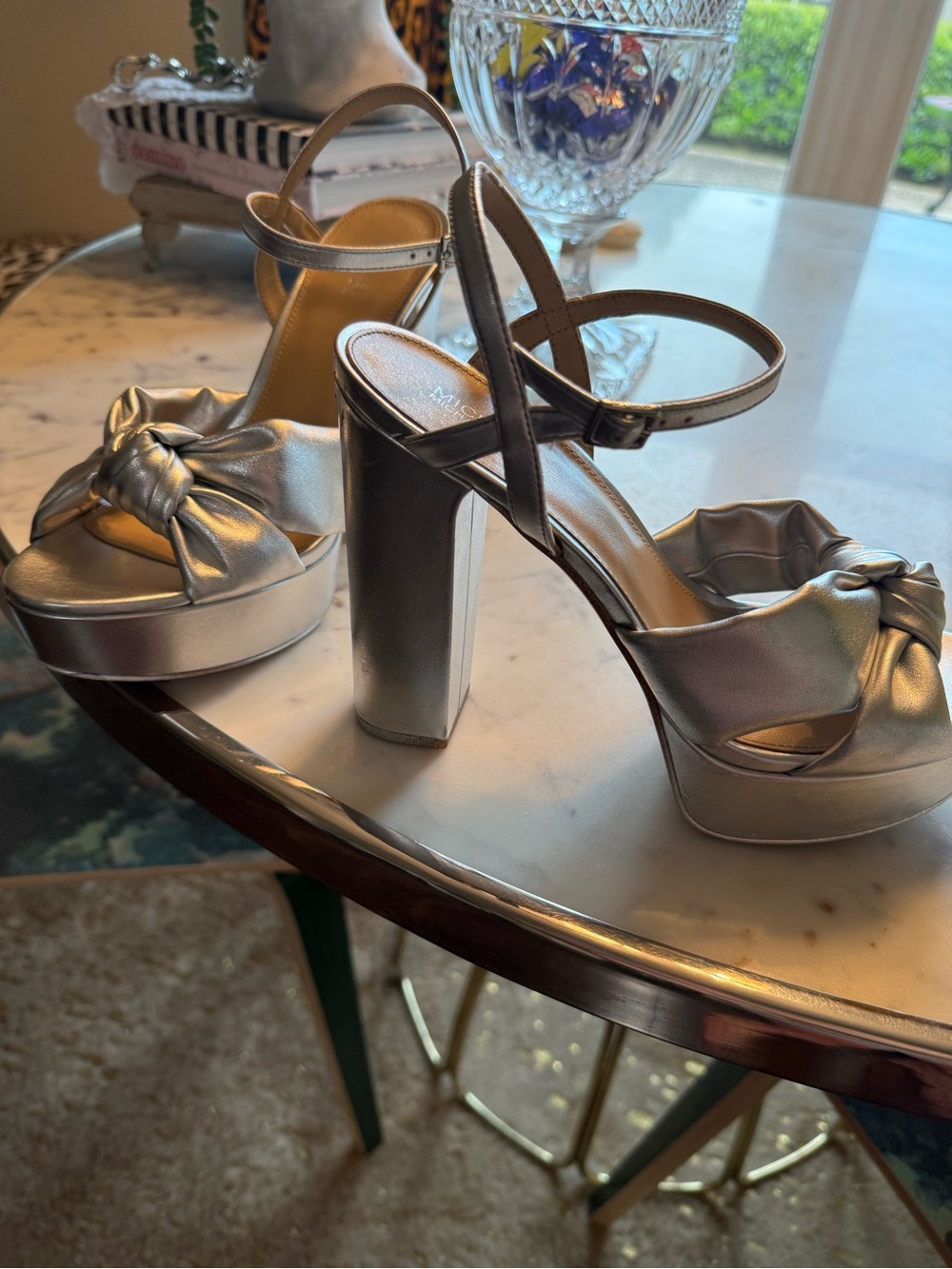 Michael Kors Silver Platform Knotted Toe Block Heel Sandals